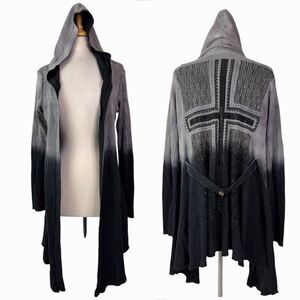 Gray Black Ombre Rhinestone Cross Hooded Longline Cardigan Duster Sweater Sz M